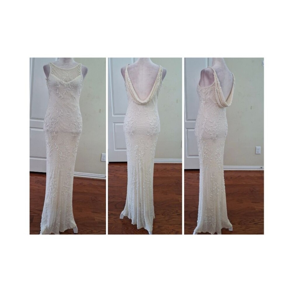 SCALA Ivory Beaded Wedding Dress Illusion Neck Draped Bridal Gown Romantic Small